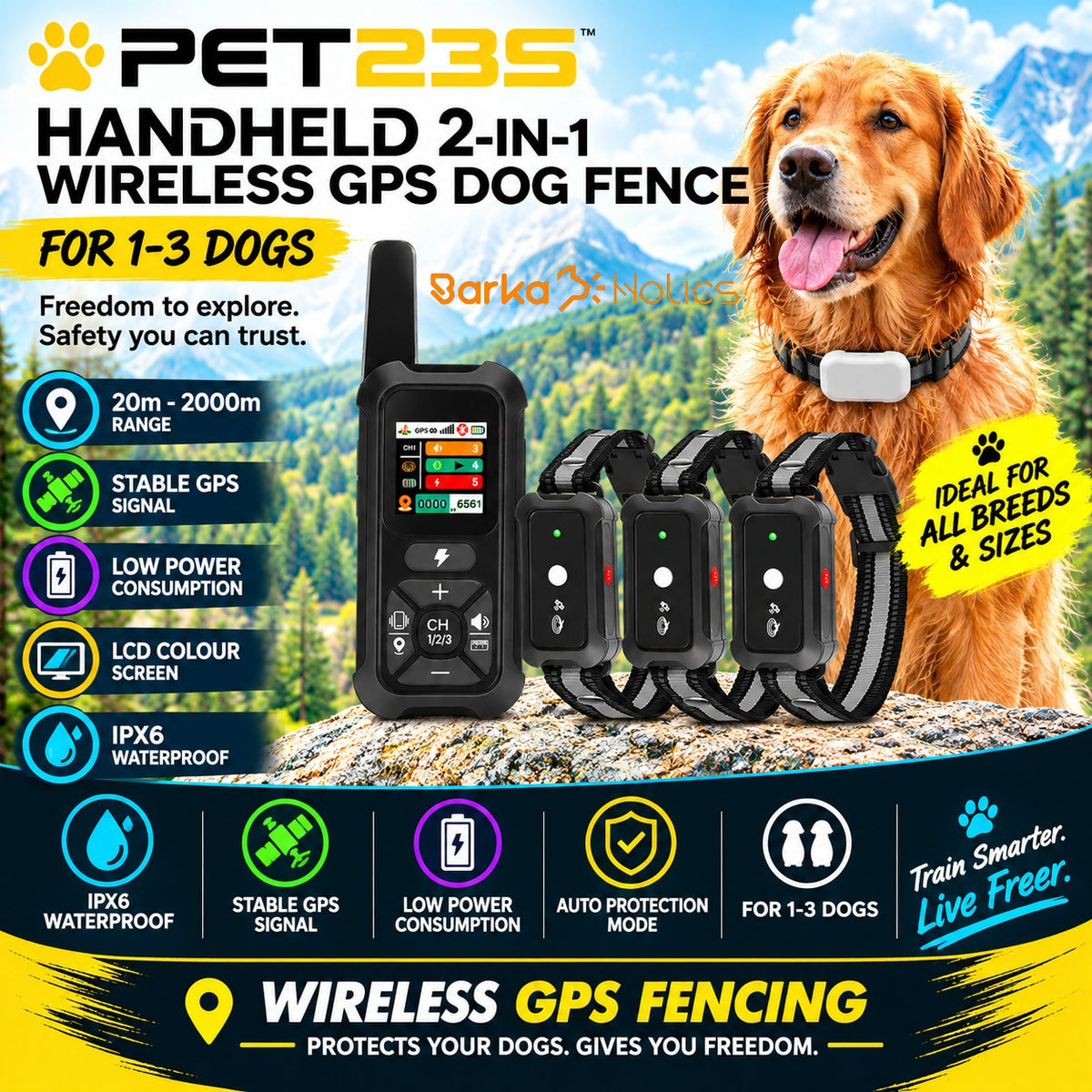 PET23S Handheld 2-in-1 Wireless GPS Dog Fence 2000m 1-3 Dogs