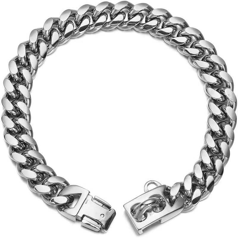Stainless Steel Cuban Link Dog Collar – 11/15/19mm Width, 4 Colors, Metal Chain For Bulldogs, S/M/L